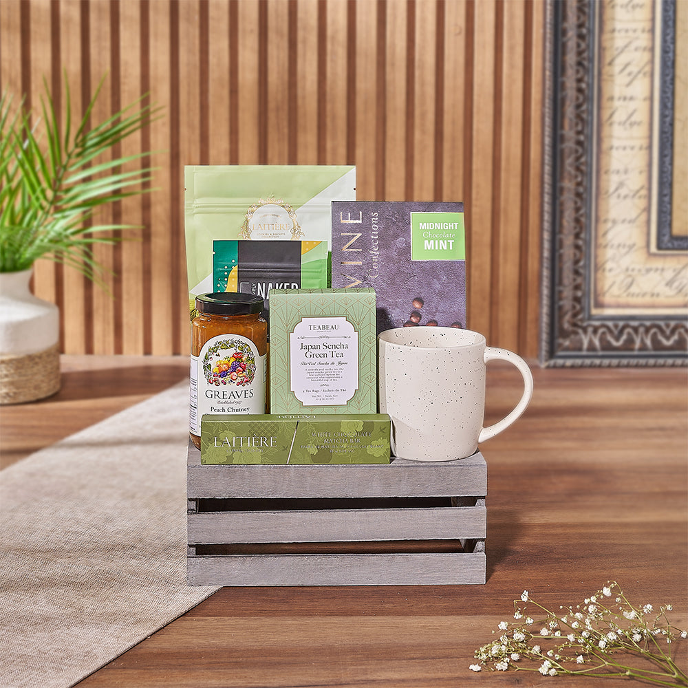 Small Grey Wooden Crate Tea Snacks – how the gift is presented