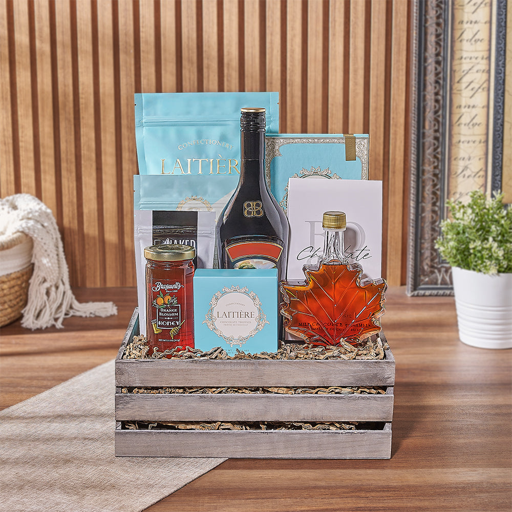Medium Grey Wooden Crate with Premium Liquor and Gourmet Chocolates – how the gift is presented