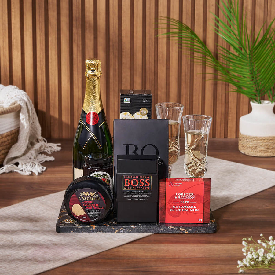 Celebratory Champagne Gift Board, champagne gift, champagne, sparkling wine gift, sparkling wine, chocolate gift, chocolate, seafood gift, seafood, New Jersey delivery