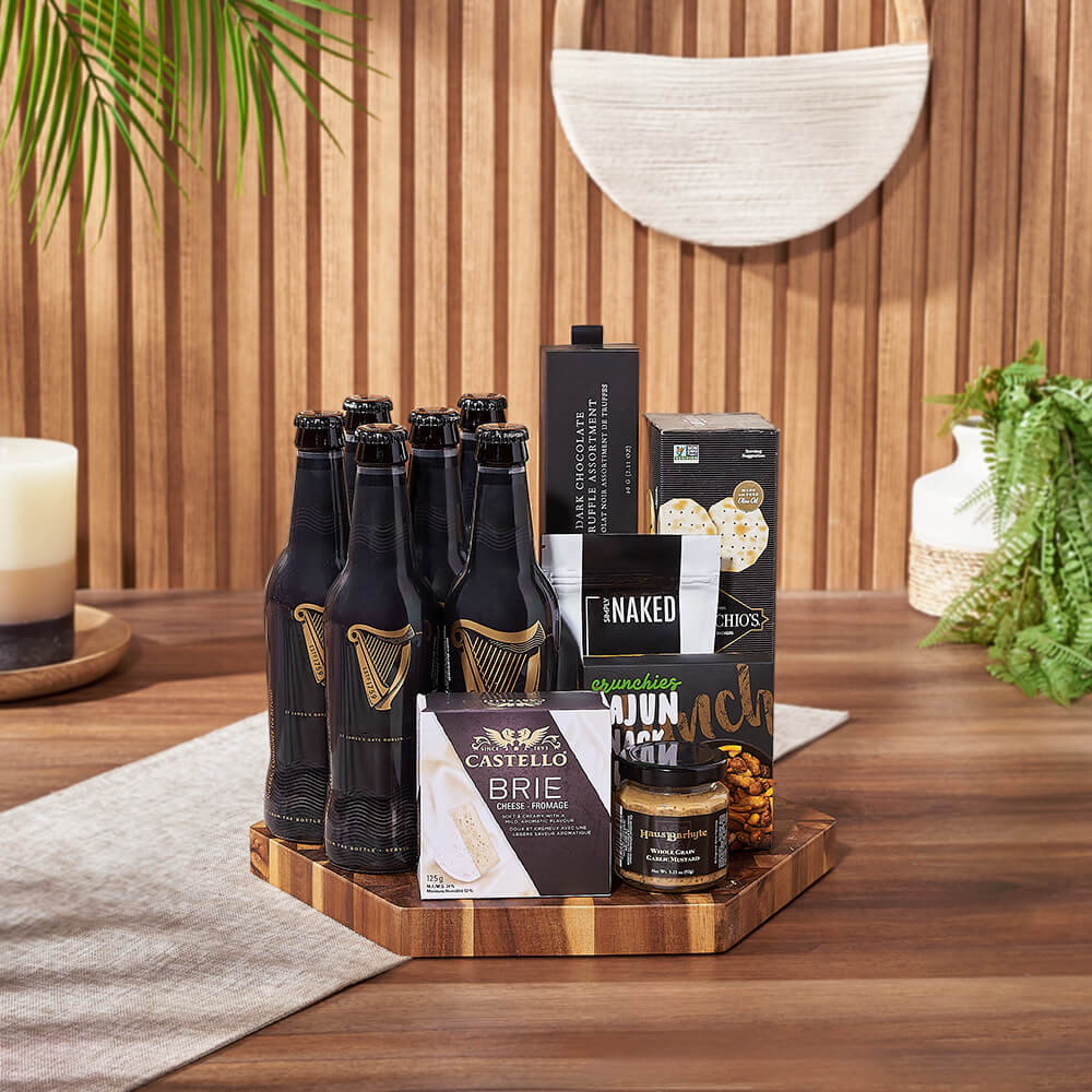 Premium Beer and Artisan Cheese Gift Basket with Snacks – how the gift is presented