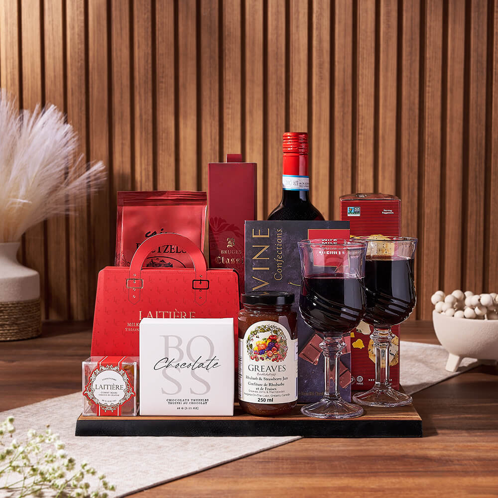 Wine Gift Basket Featuring Chocolate Covered Cherries and Pretzels – how the gift is presented
