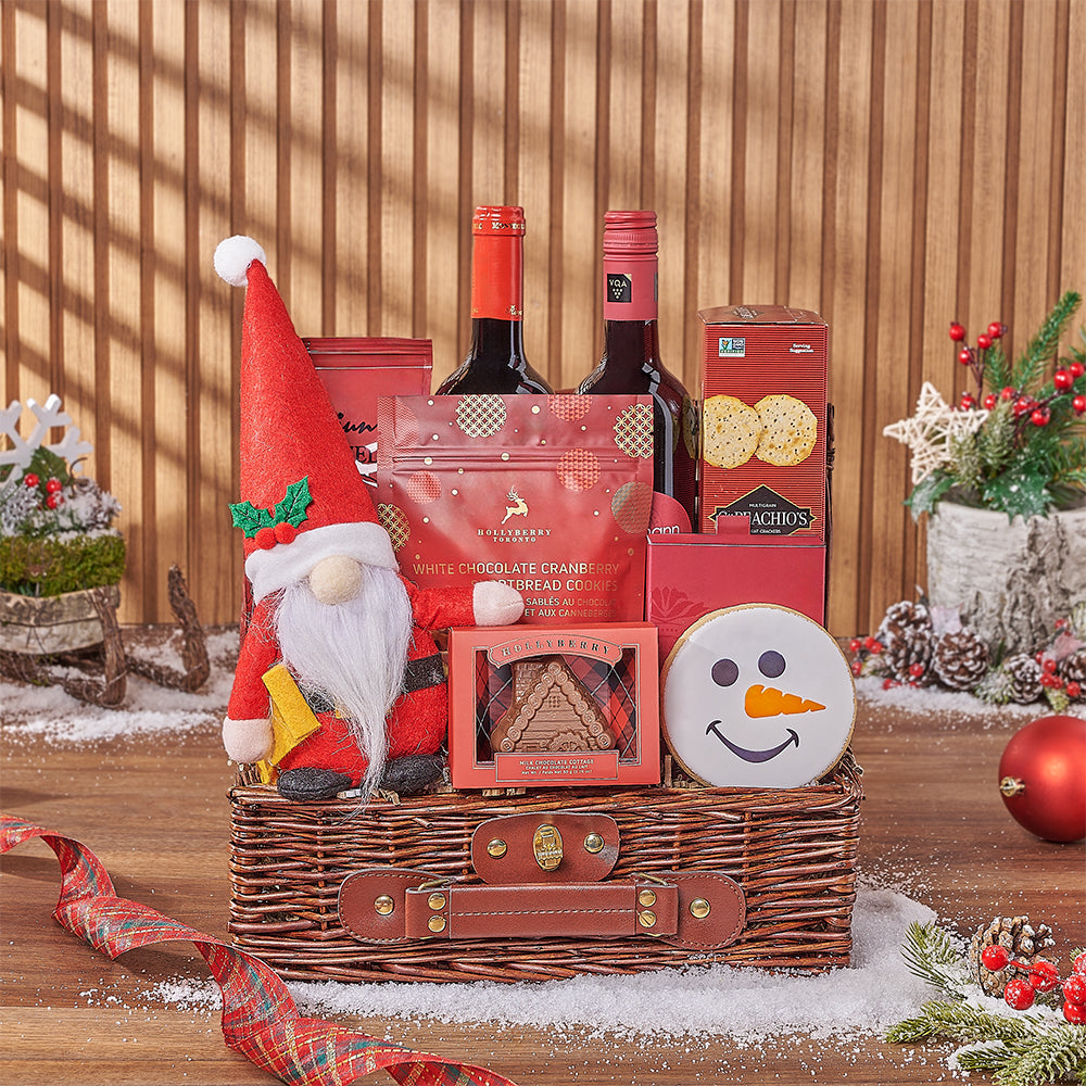 Holiday Wine and Treats Wicker Basket – how the gift is presented