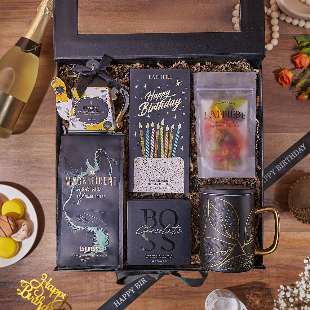 Black Gift Box Birthday Gourmet Collection with Coffee and Chocolates – how the gift is presented