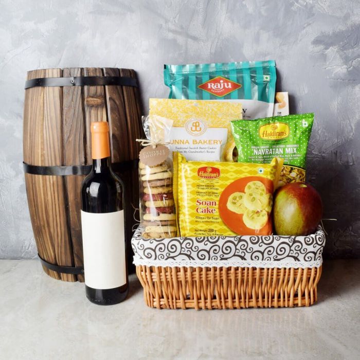 Gourmet Indian Snack Basket with Sparkling Wine for Diwali – how the gift is presented
