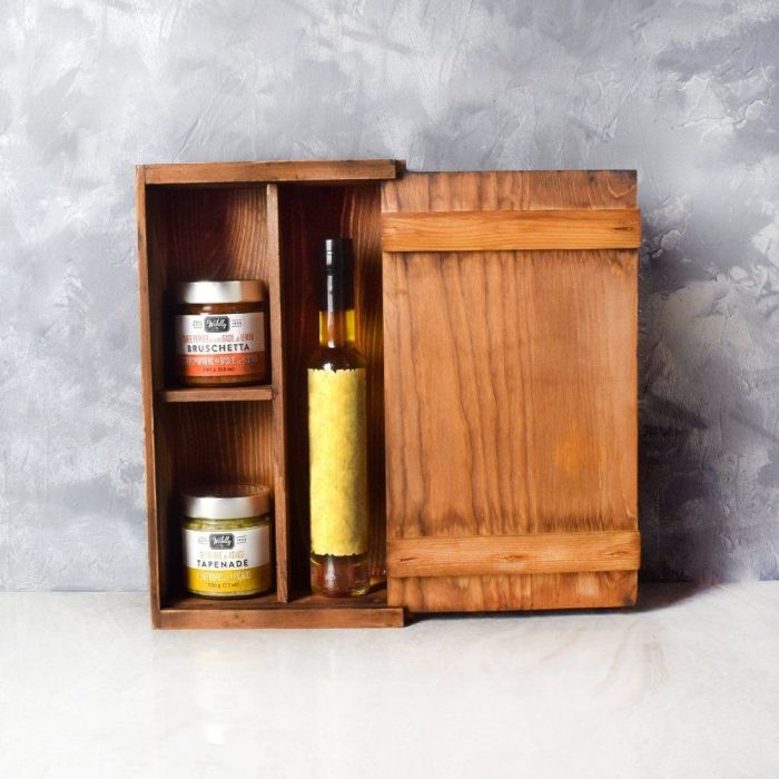 Gourmet Wooden Crate Presentation with Olive Oil and Basil Bruschetta – how the gift is presented