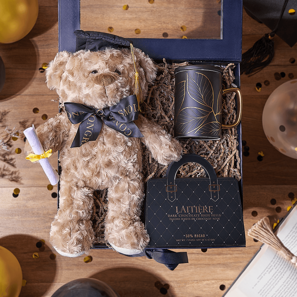 Deluxe Dark Chocolate High Heel Gift Box with Graduation Plush Bear – how the gift is presented