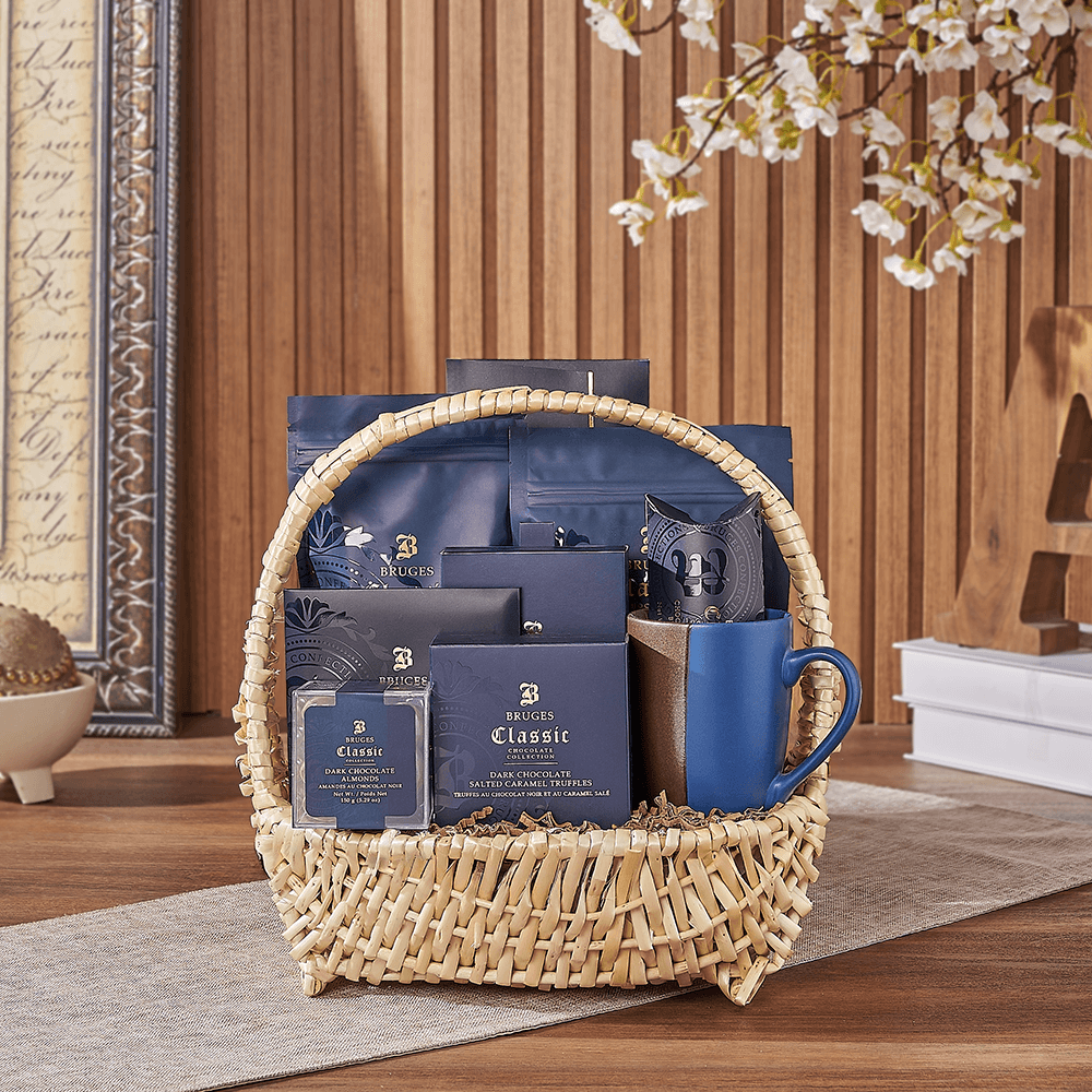 Halal Wicker Basket Gift of Bruges Dark Chocolate Treats – how the gift is presented