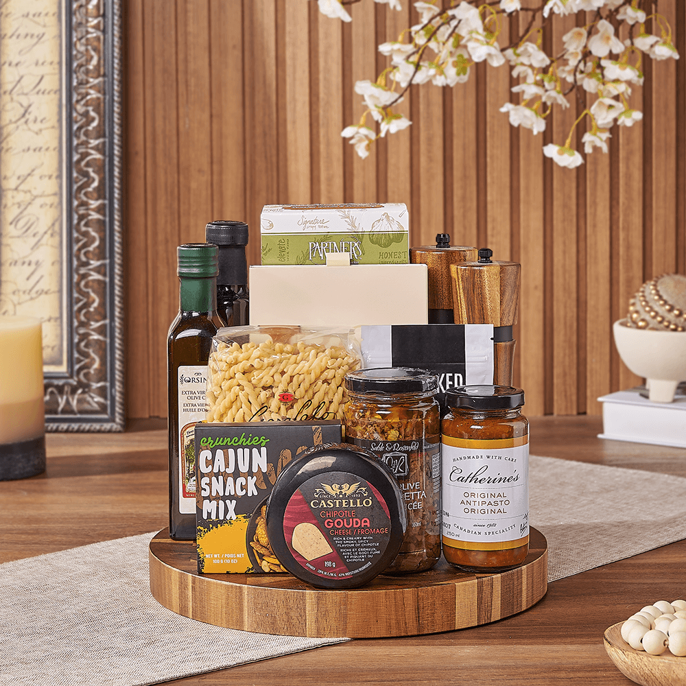 Halal Pasta Gourmet Board with Acacia Wood End-Grain Base – how the gift is presented