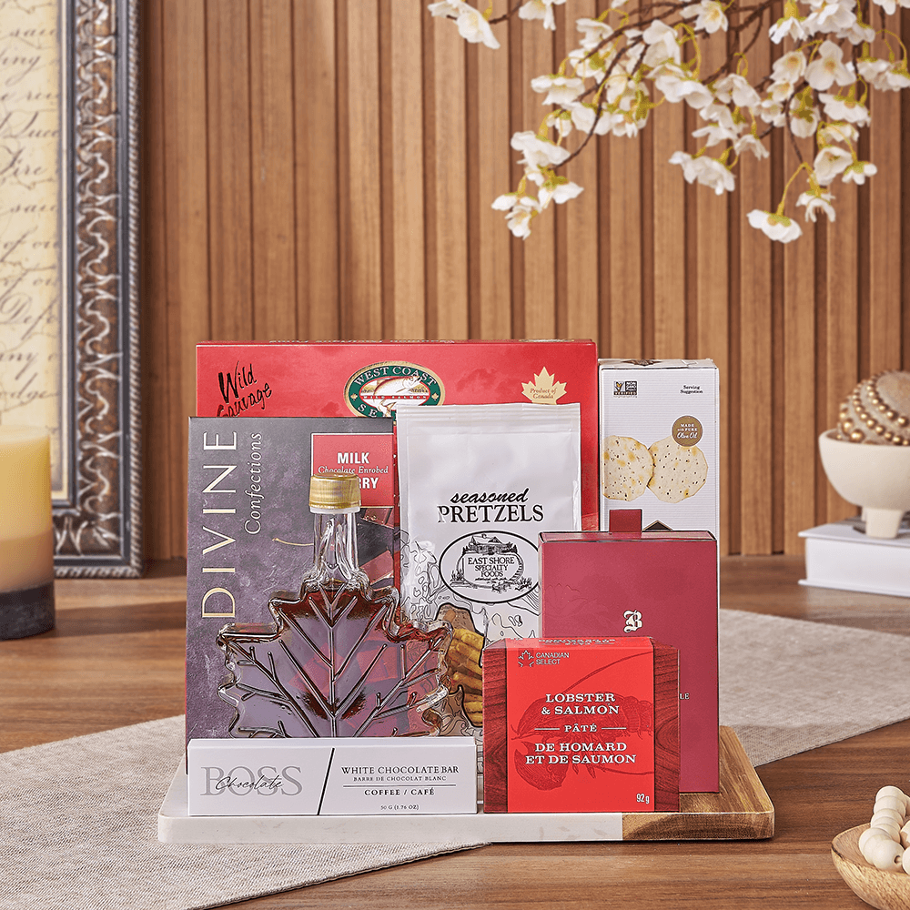 Halal Gourmet Seafood and Sweets Gift with Serving Board – how the gift is presented