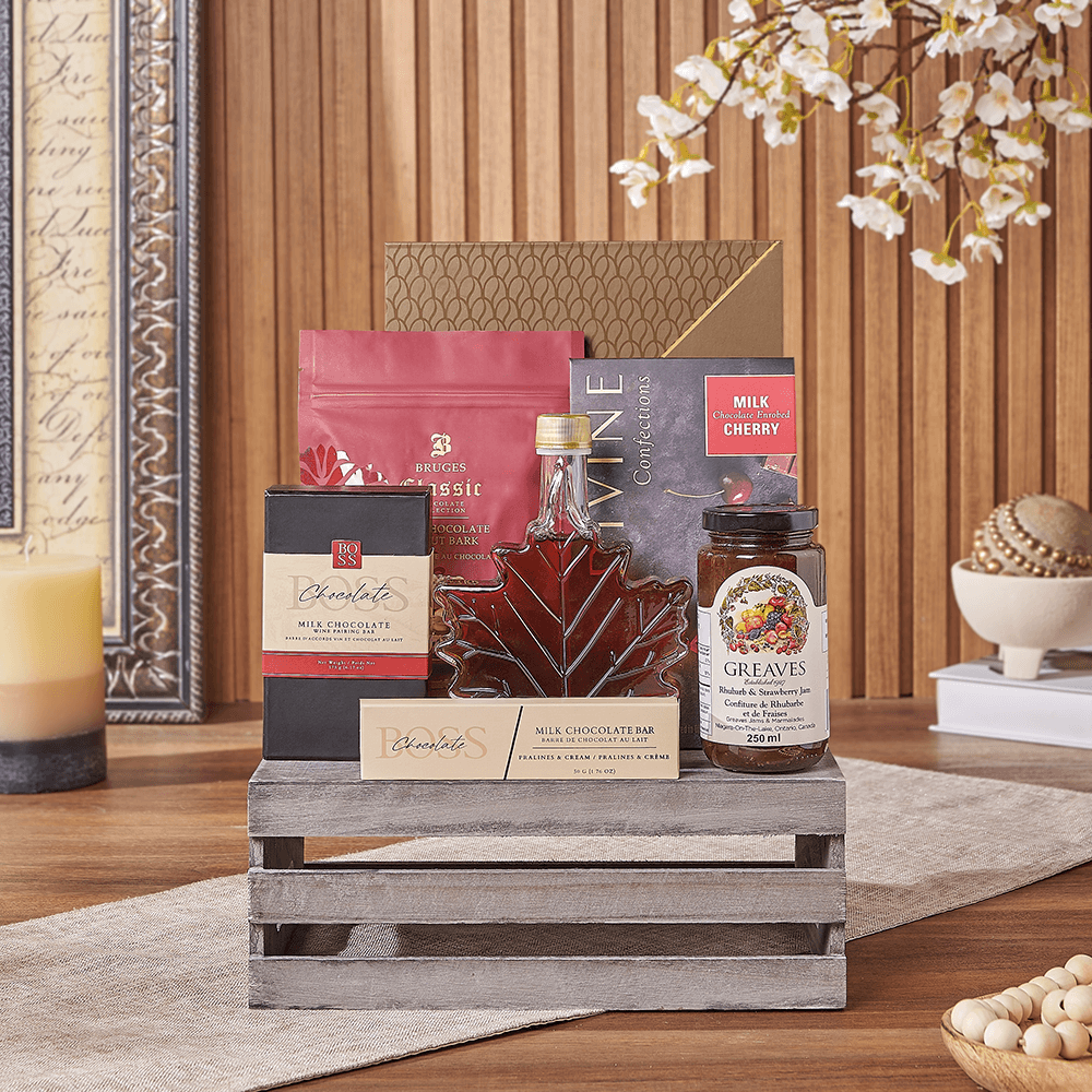 Halal Medium Wooden Crate with Assorted Belgian Chocolates – how the gift is presented
