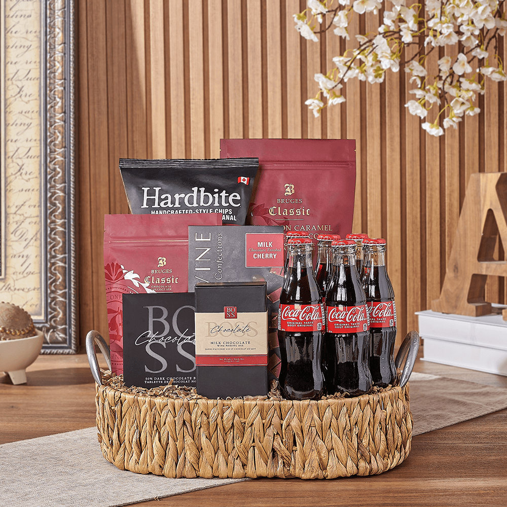 Oval Woven Basket Birthday Gift Tray with Halal Chocolates and Sodas – how the gift is presented