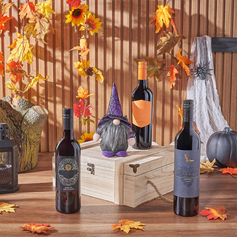Wooden Wine Box Gift Set with 3 Wines and Halloween Wizard Plush – how the gift is presented