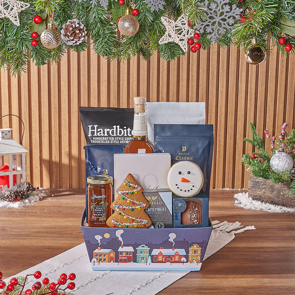 Whiskey Gift Basket on Christmas Tray – how the gift is presented