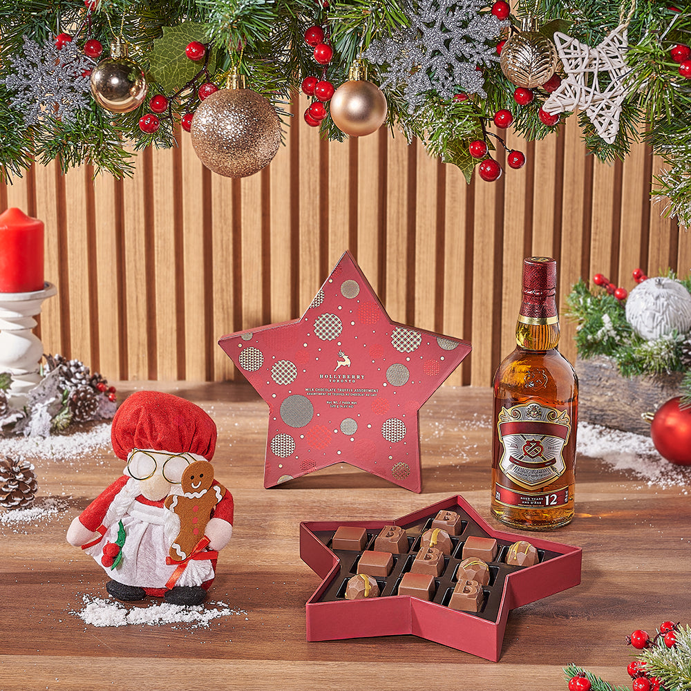 Deluxe Whiskey Gift Basket with Assorted Chocolate Truffles and Holiday Plush – how the gift is presented