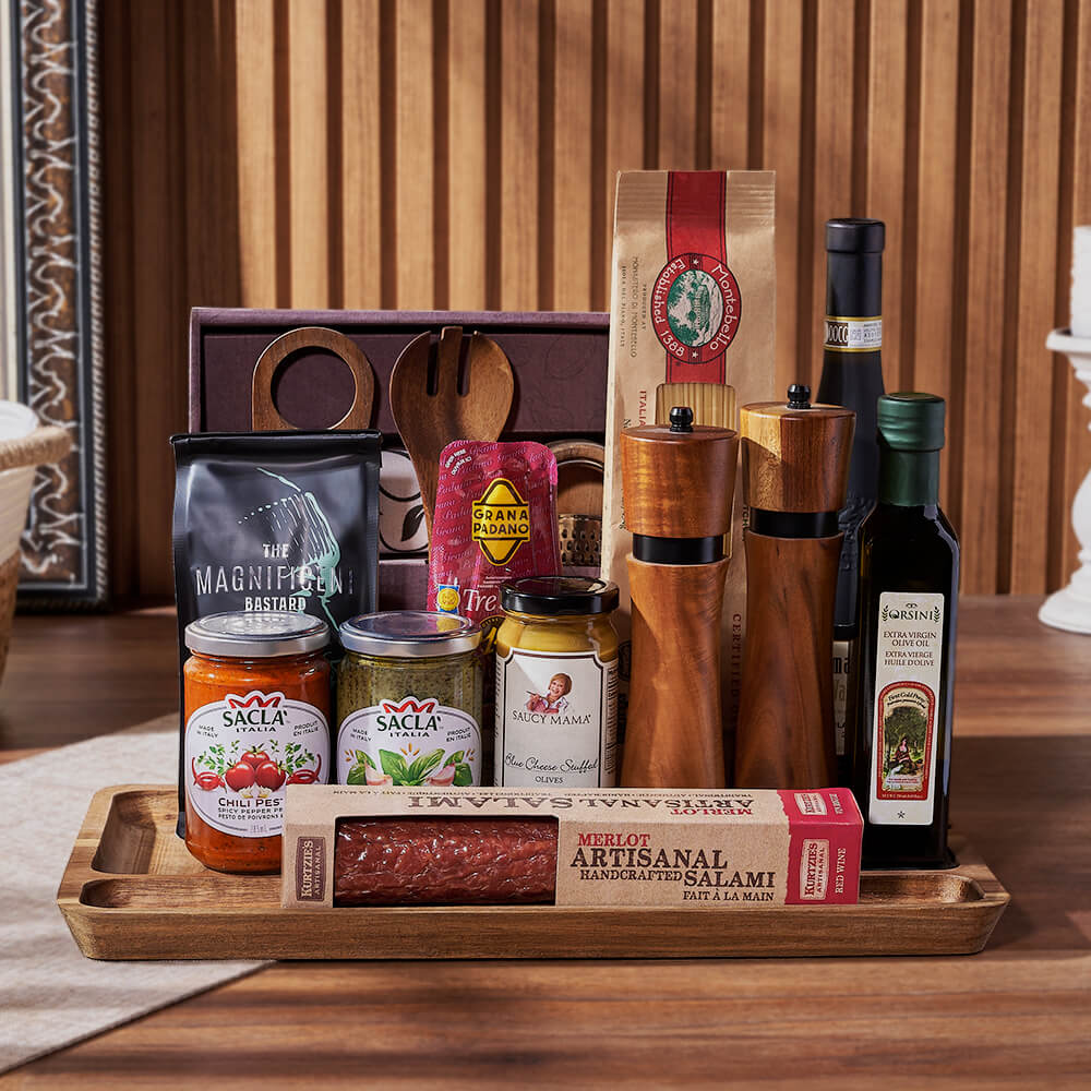 Premium Wine Basket Featuring Montebello Pasta and Acacia Serving Board – how the gift is presented