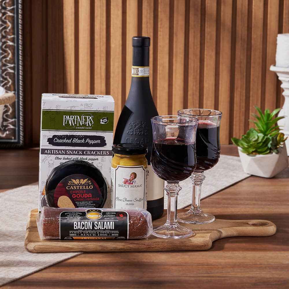 Signature Wine Gift Basket Featuring Bacon Salami and Artisan Cheese – how the gift is presented