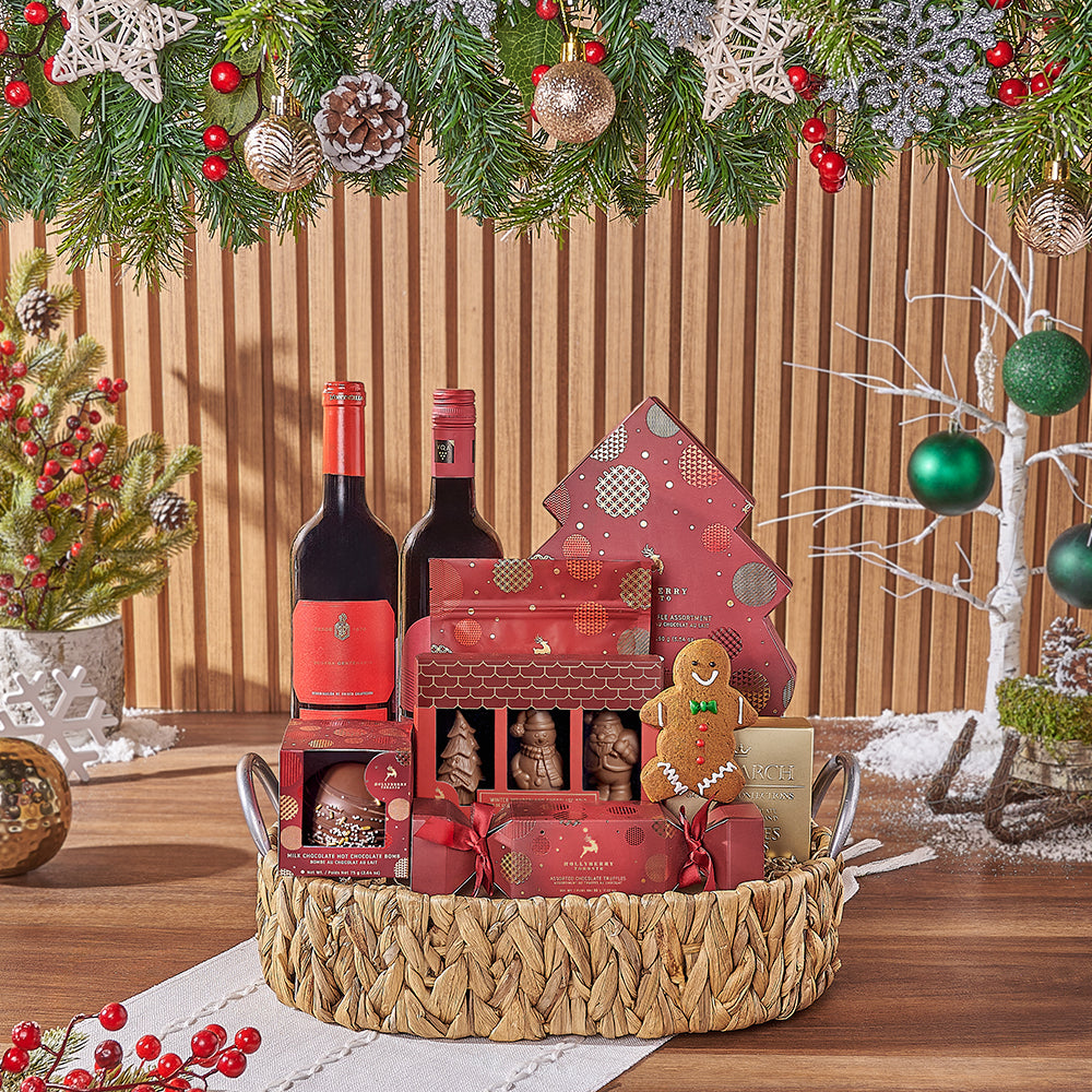 Oval Woven Holiday Wine and Gourmet Chocolate Gift Basket – how the gift is presented