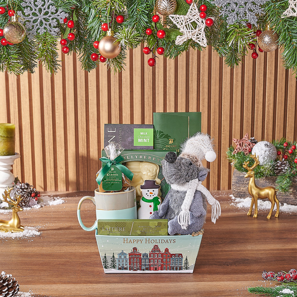 Holiday Basket with Chocolates and Plush – how the gift is presented