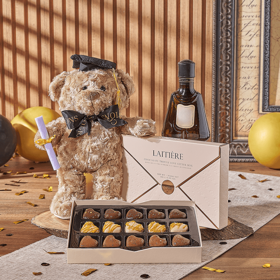 Spirits & Graduate Bear Gift, liquor gift, liquor, chocolate gift, chocolate, plush gift, plush, graduation gift, graduation, New Jersey delivery