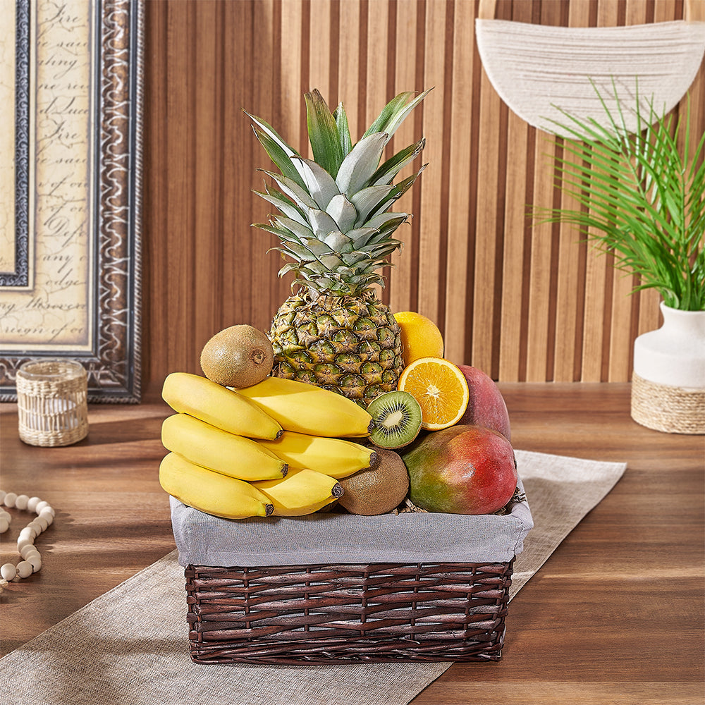 Small Grey Wicker Basket Filled with Assorted Fresh Fruit – how the gift is presented