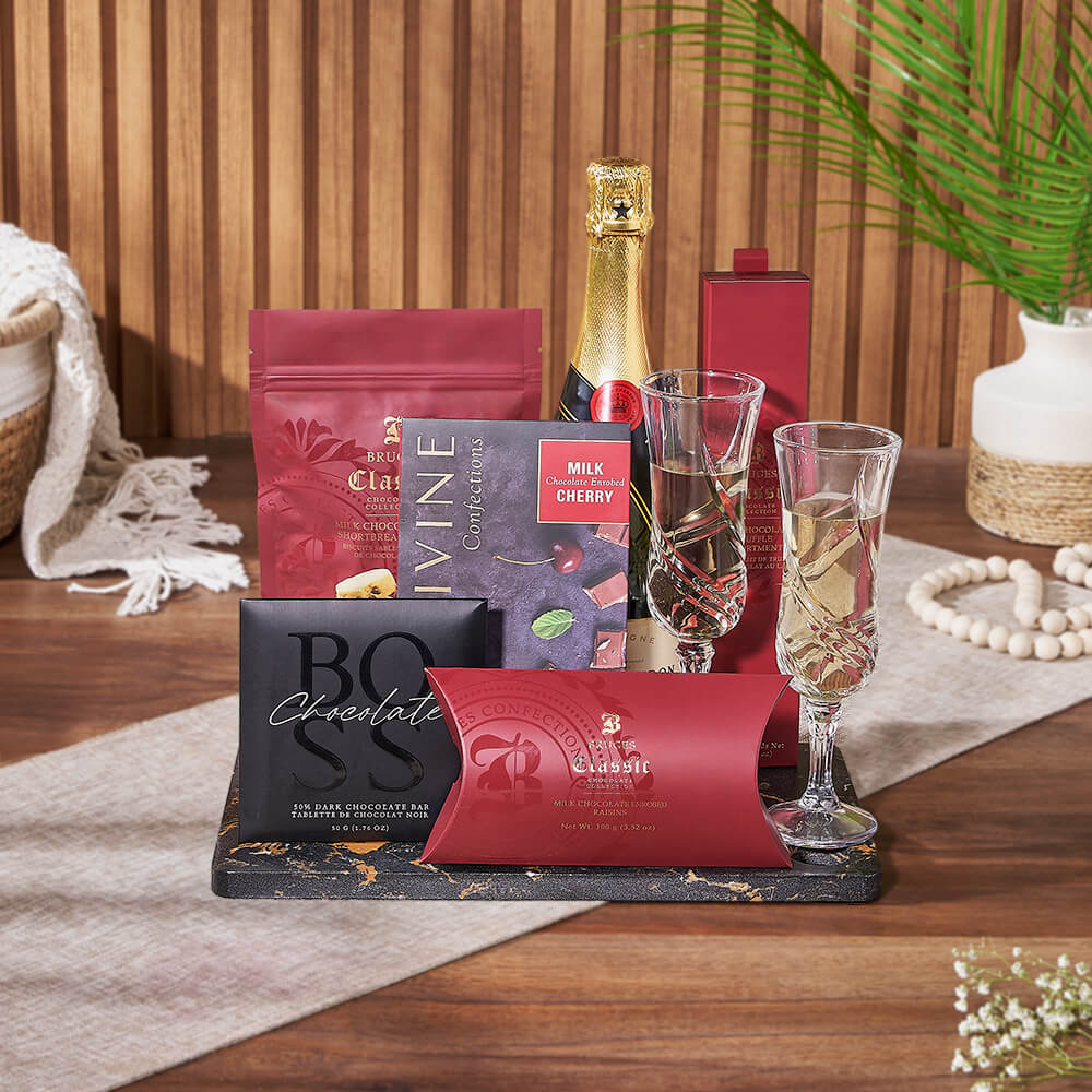 Sparkling Wine with Chocolate Delights Basket – how the gift is presented