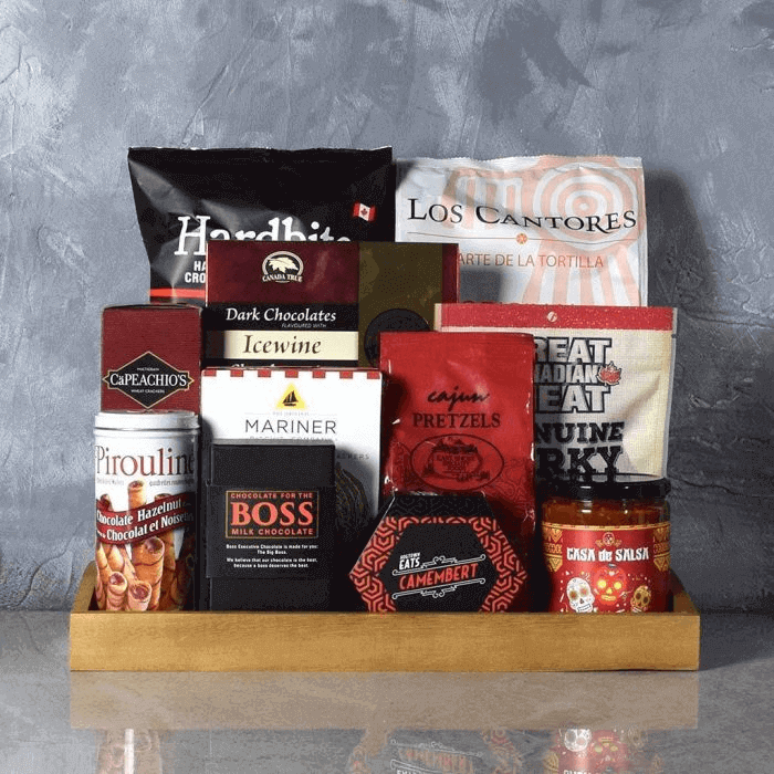 Gourmet Snack Collection Gift Basket with Cheese and Chocolates – how the gift is presented