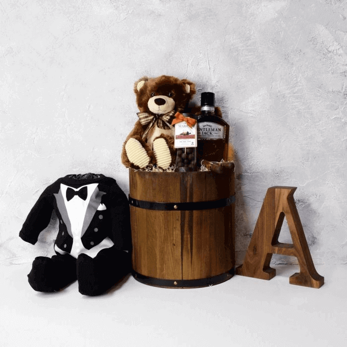 Baby Boy Tux Footsie Gift Basket – how the gift is presented
