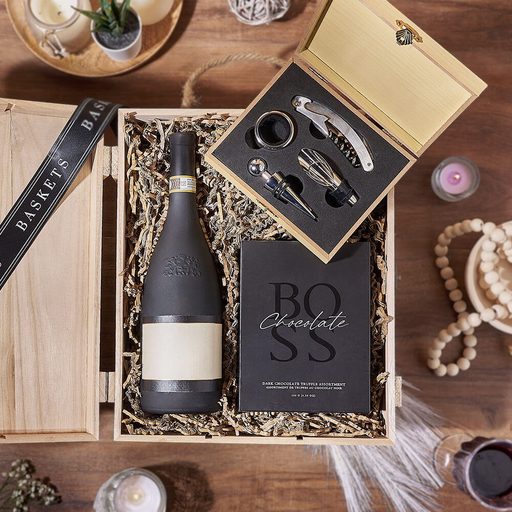 Deluxe Wine and Boss Dark Chocolate Truffles Gift Box – how the gift is presented