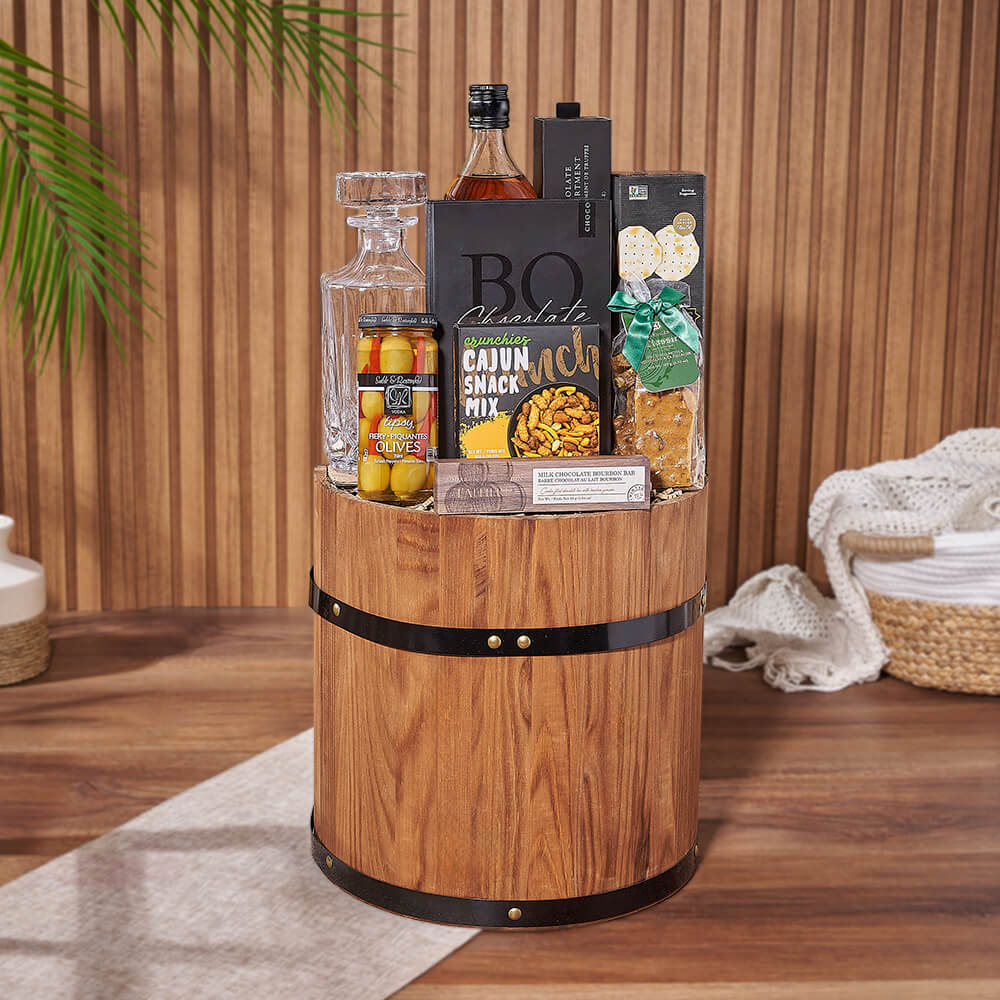 Whiskey and Tipsy Olives Gift Basket – how the gift is presented