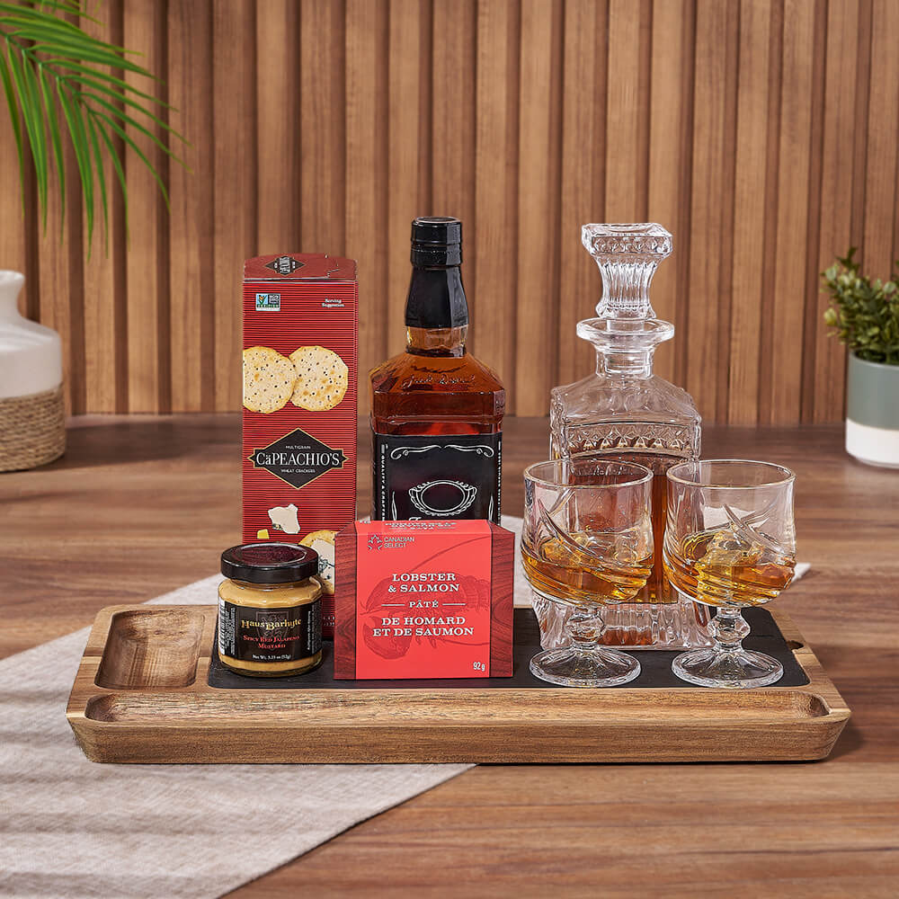 Whiskey and Crackers Gift Basket with Decanter and Glasses – how the gift is presented