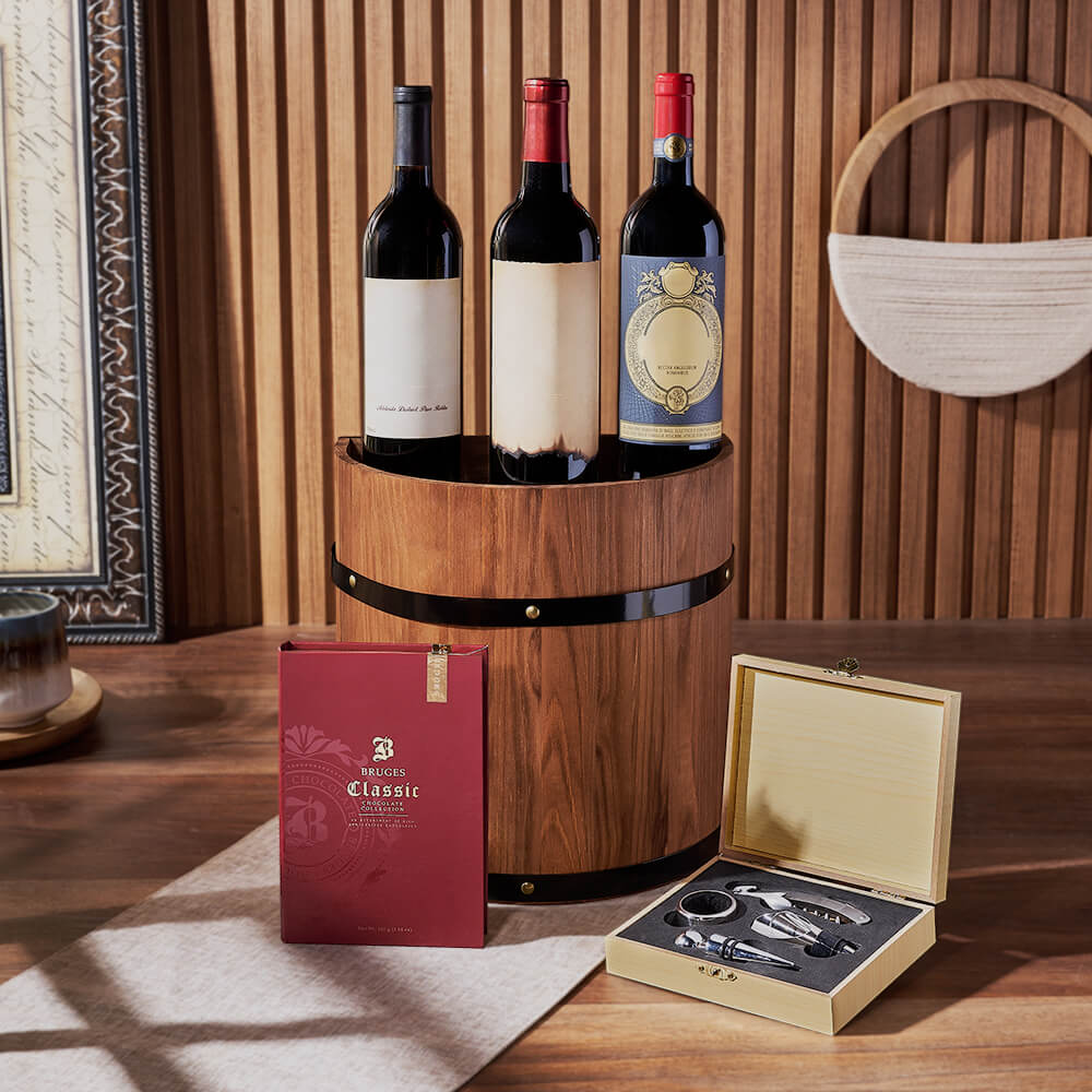 Wine Gift Barrel with Chocolate – how the gift is presented