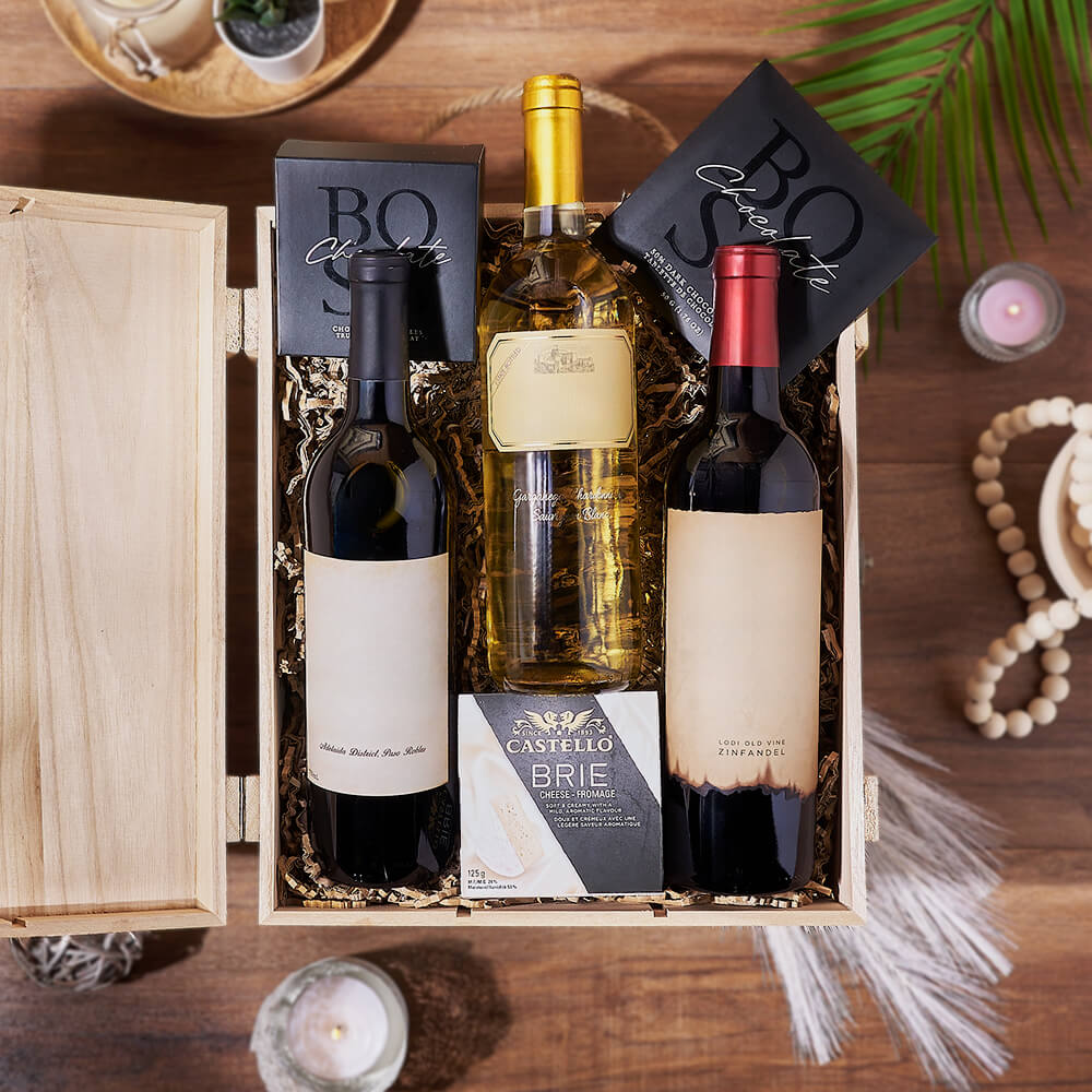 Wooden Wine Gift Box with Trio of Wines, Chocolates, and Brie – how the gift is presented