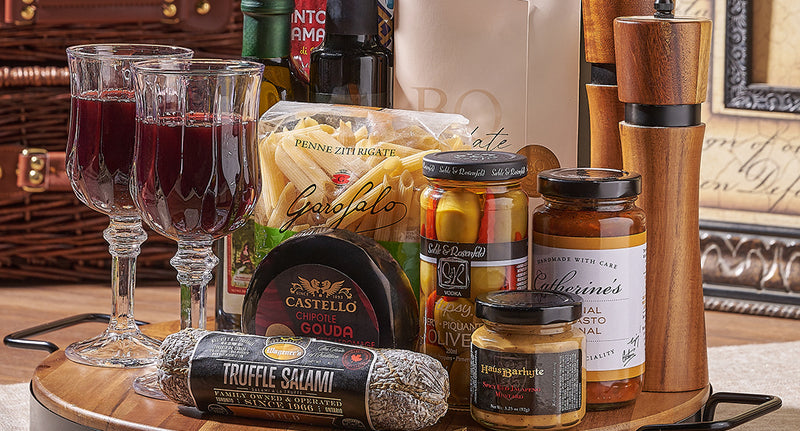 A New Jersey Baskets gourmet gift, laid out