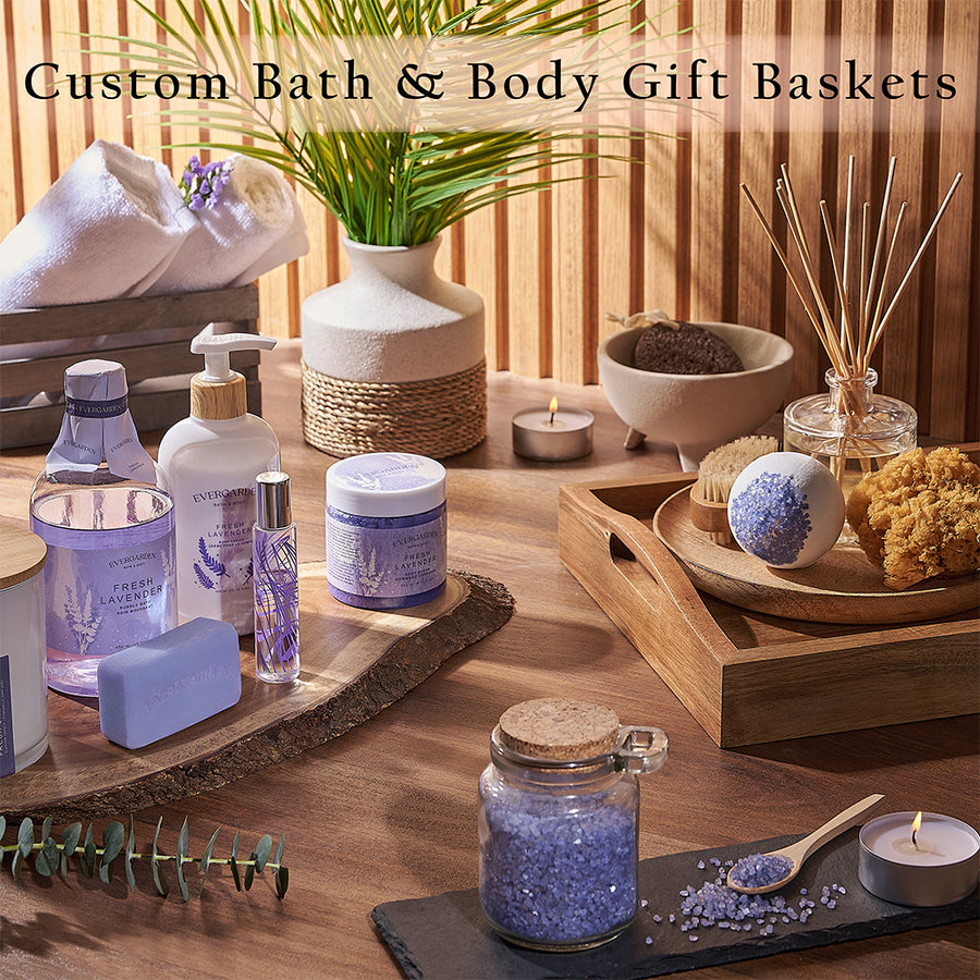 Custom Bath and Body Gift Baskets. Create a tailored gift filled with their favorite spa items, delicious treats, and optional bottles of wine or champagne - New Jersey Baskets 