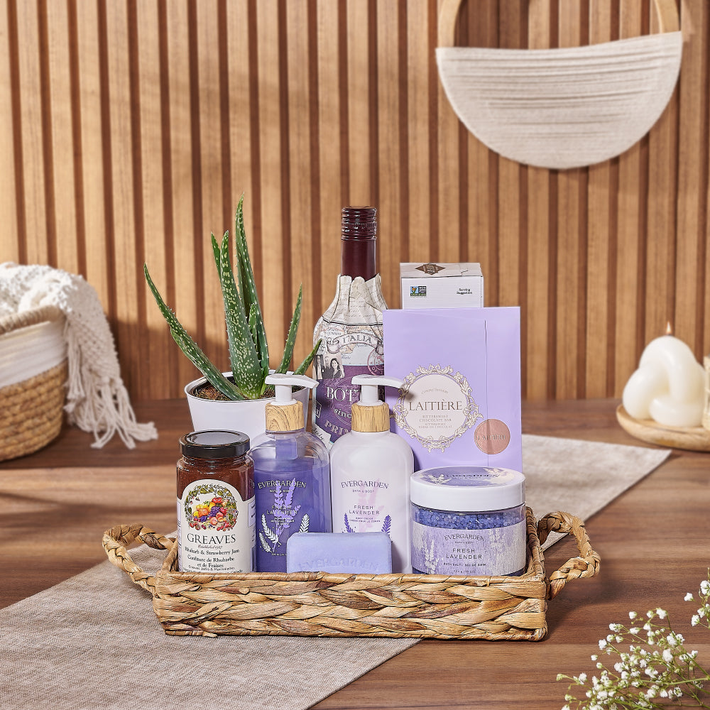 Succulent Wine and Lavender Spa Basket – how the gift is presented
