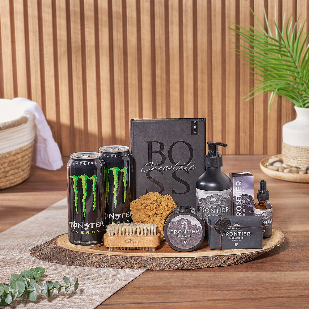 Spa Gift Basket with Beard Oil – how the gift is presented