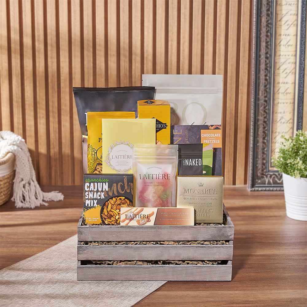 Assorted Chocolate and Snack Basket – how the gift is presented
