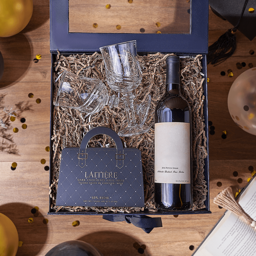 Graduation Celebration Wine Gift with Dark Chocolate Heels – how the gift is presented