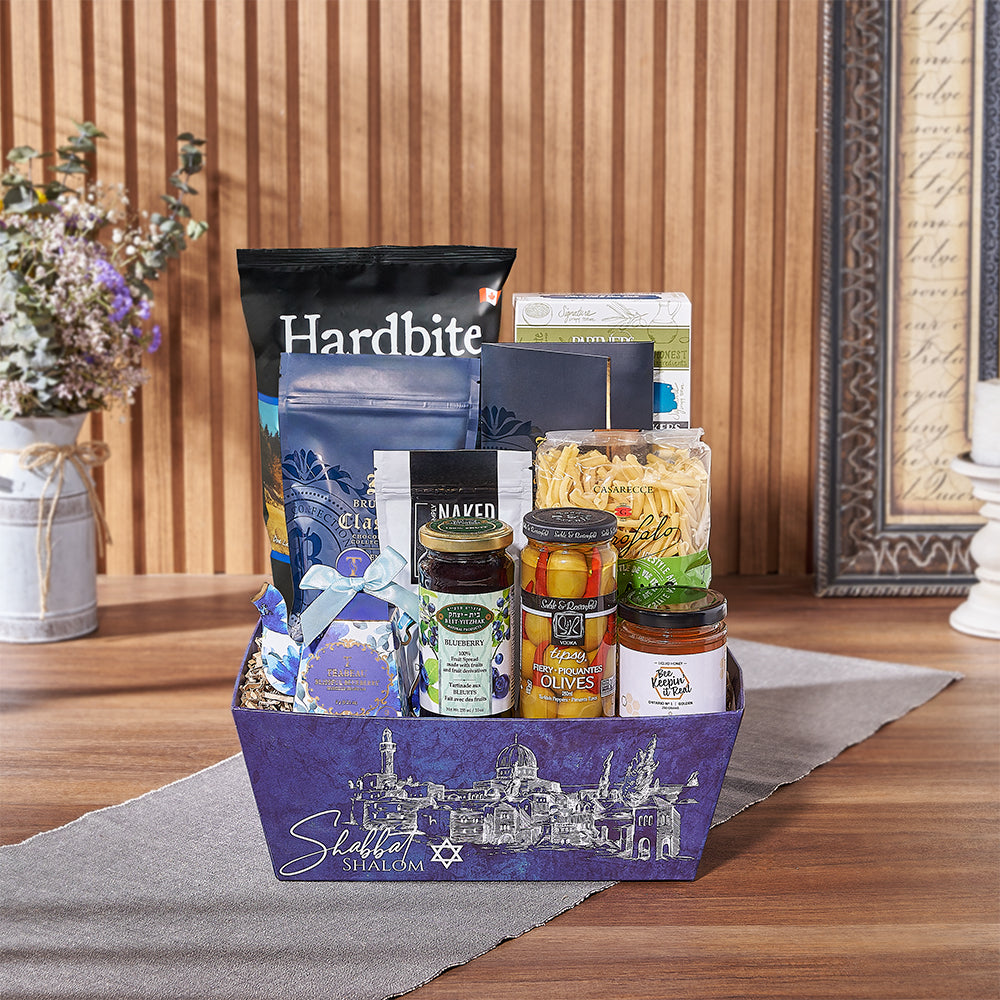 Kosher Hanukkah Blue Tray Basket – how the gift is presented