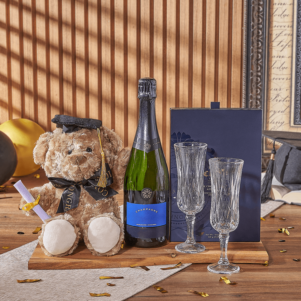 Graduation Basket with Sparkling Wine and Bruges Dark Chocolate Truffles Gift – how the gift is presented