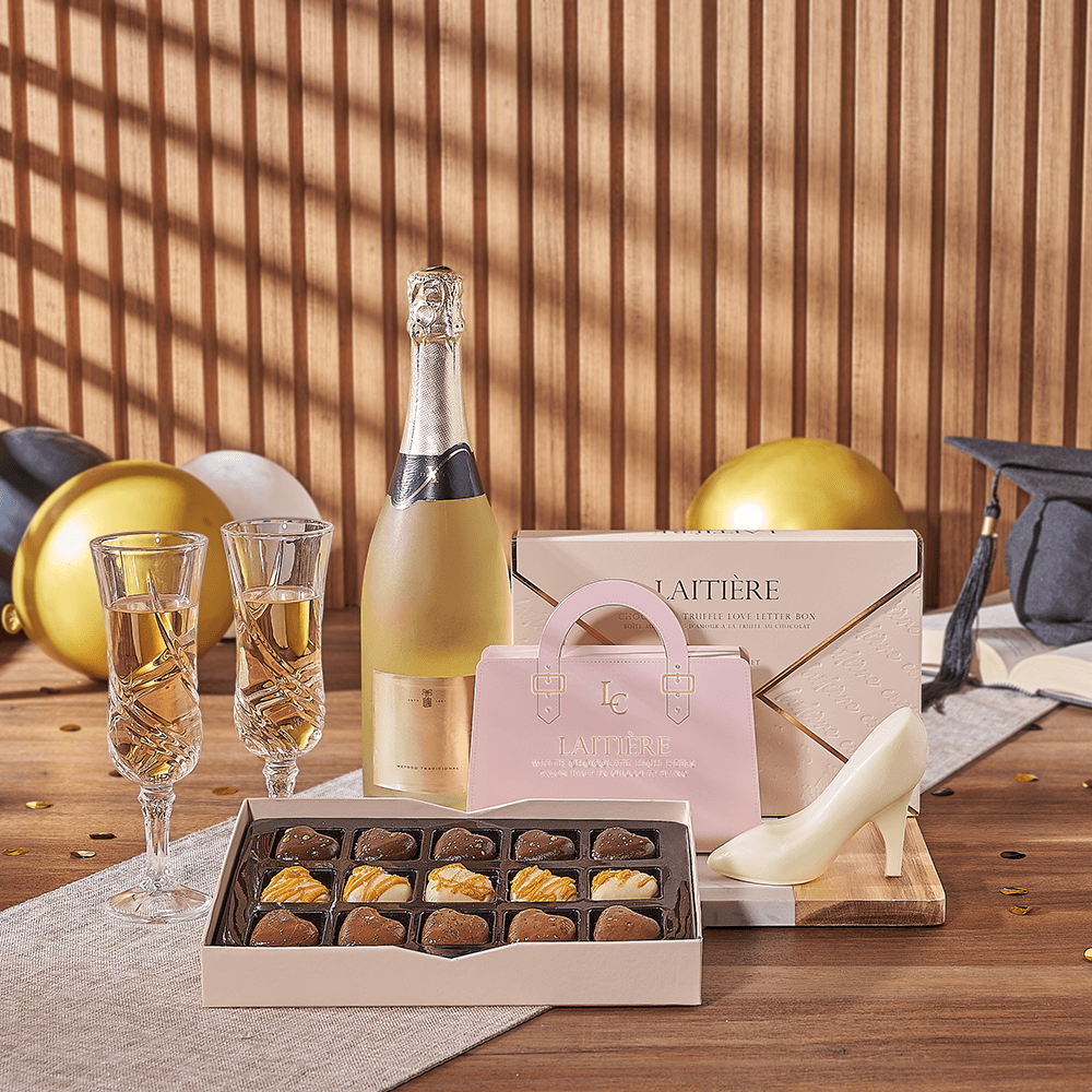 Graduation Sparkling Wine Basket with Chocolate Truffles Gift – how the gift is presented