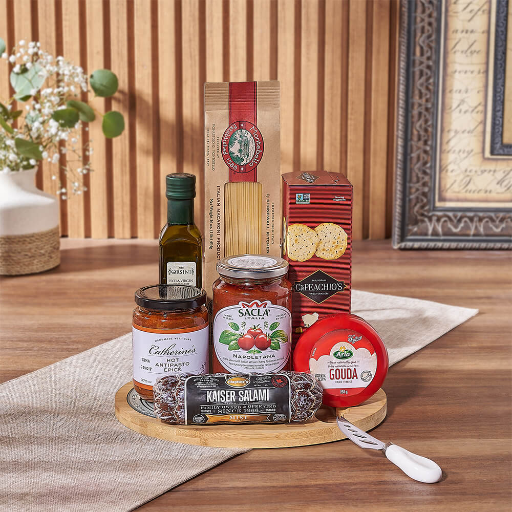 Cheese Antipasto Gift Basket with Board – how the gift is presented