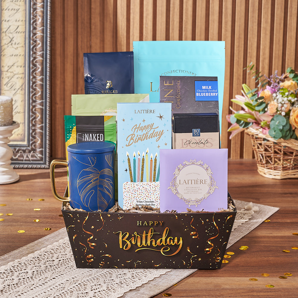 Birthday Treats Gift Tray Featuring White Chocolate and Coffee – how the gift is presented