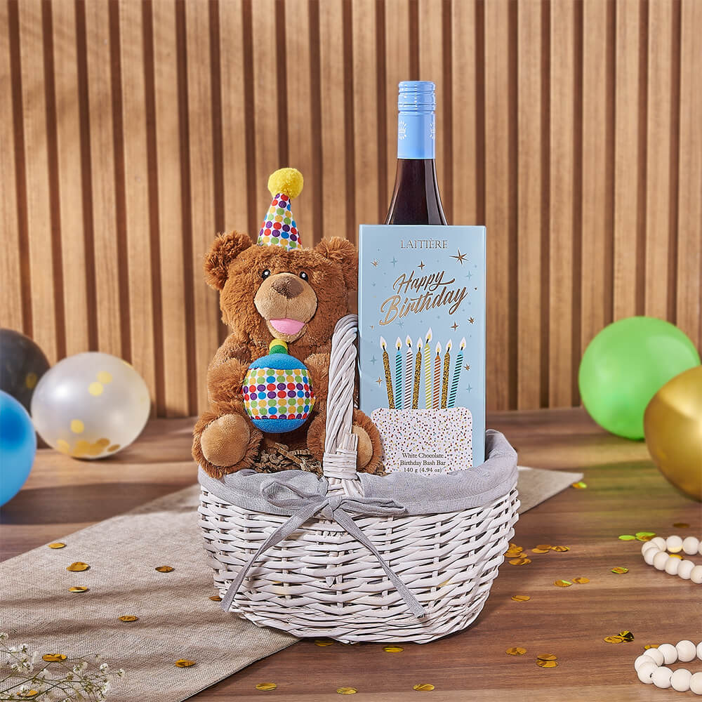 Birthday Wine &amp; Bear Gift Basket, wine gift, wine, birthday gift, birthday, chocolate gift, chocolate, New Jersey delivery