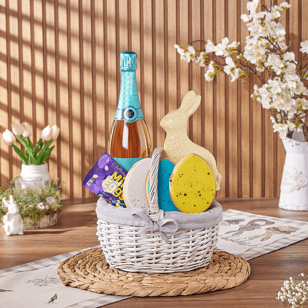 Sparkling Wine Gift Basket Featuring Easter Treats and White Chocolate Bunny – how the gift is presented