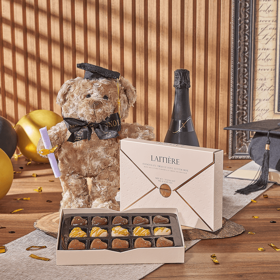 Champagne & Graduate Bear, champagne gift, champagne, sparkling wine gift, sparkling wine, graduation gift, graduation, chocolate gift, chocolate, New Jersey delivery