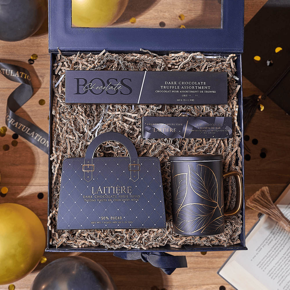 Graduation Dark Chocolate Treats Gift Box with Ceramic Mug – how the gift is presented