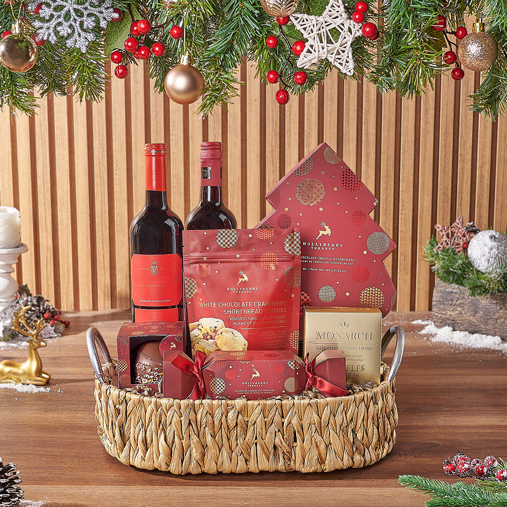 Oval Woven Basket Featuring Two Wines and Gourmet Holiday Chocolates – how the gift is presented