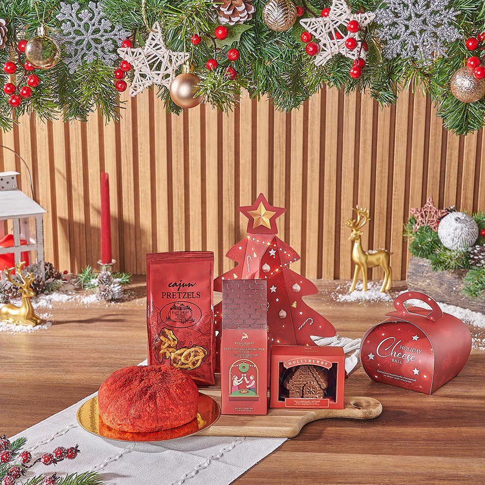 Holiday Dessert Cheese Ball and Acacia Cutting Board Basket – how the gift is presented
