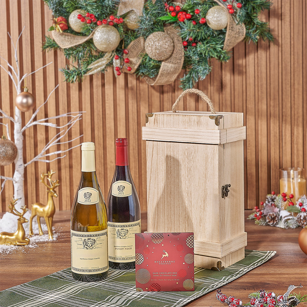Two-Bottle Holiday Wine and Hollyberry Chocolate Set in Rustic Wood Box – how the gift is presented